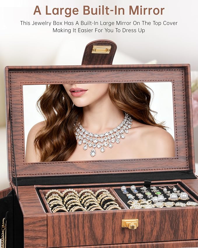 AKOZLIN 6-Tier Jewelry Box Organizer Functional 5 Drawers Leather Jewelry Storage Case for Women Girls Ring Necklace Earring Bracelet Holder Organizer with Mirror XL Red 360° Rotating - Image 5