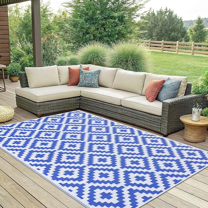 Smiry Waterproof Outdoor Rug 6x9 ft, Reversible Plastic Straw Patio Camping Rugs, Outdoor Indoor RV Mat Carpet for Patio, Outside Entry, Backyard, Deck, Bench, Picnic, Camper, White & Blue - Image 6
