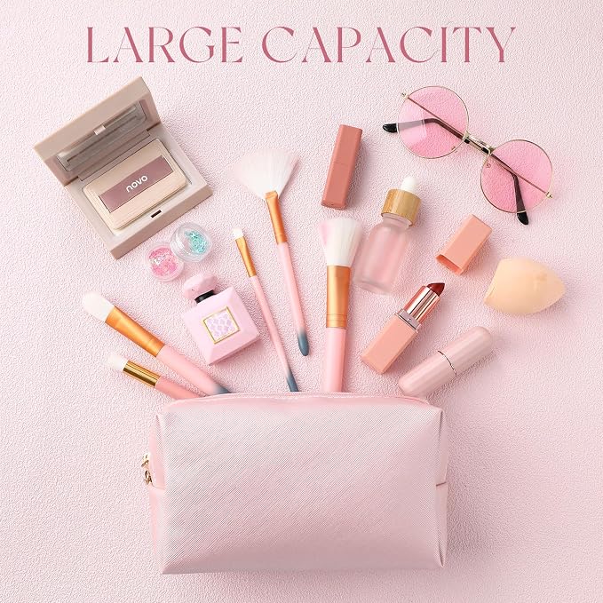 1 Pc Preppy Makeup Bags PU Leather Cosmetic Pouch with Zipper Waterproof Make up Bags Toiletry Beauty Container for Women Bridal Shower Favors End of the Year Teacher Gifts (Rose Gold) - Image 3