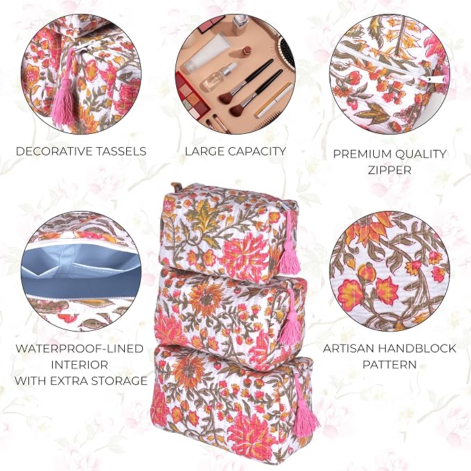 Quilted Floral Block Print Makeup Bag Set of 3 – Cotton Travel Toiletry and Makeup Organizer, Cosmetic Pouch, Toiletry Bag for Women, Cute Boho Coquette Make Up Bags for Women (Small, Medium, Large) - Image 4