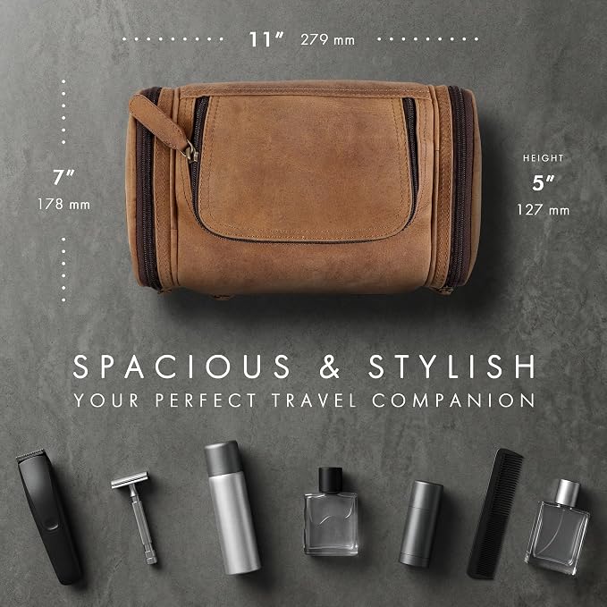 ELIZO Real Leather Toiletry Bag for Men - Large Hanging Travel Organizer for Toiletries, Ideal for Dopp Kit & Shaving Kit for Men, Essential Mens Travel Toiletry Bag for Toiletries (Saddle) - Image 2