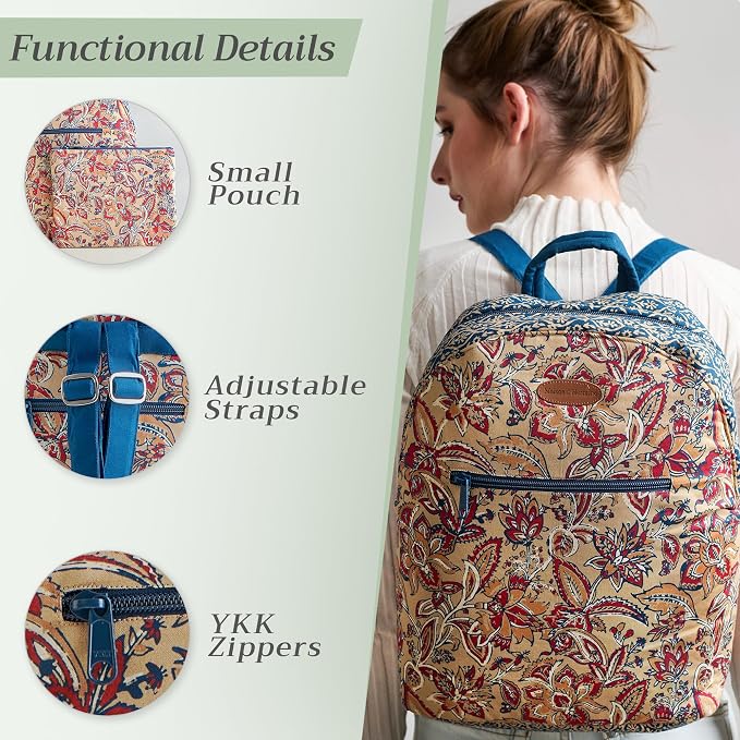 Maison d' Hermine Backpack for Women Men Cotton Shoulder Multipurpose Rucksack with Small Pouch Lightweight Multi Pocket Bag for Travel Work Beach Perfect for Spring Summer (Kerala - Blue) - Image 4