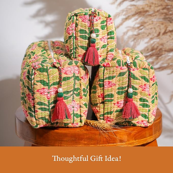 Saffron Marigold Quilted Makeup Bag Set of 3, Hand Block Printed Cotton Cosmetic Bags for Women, Waterproof Lined Travel Toiletry Bag, Coquette Aesthetic, Handmade Gift, Madagascar Prewinkle Butter - Image 7