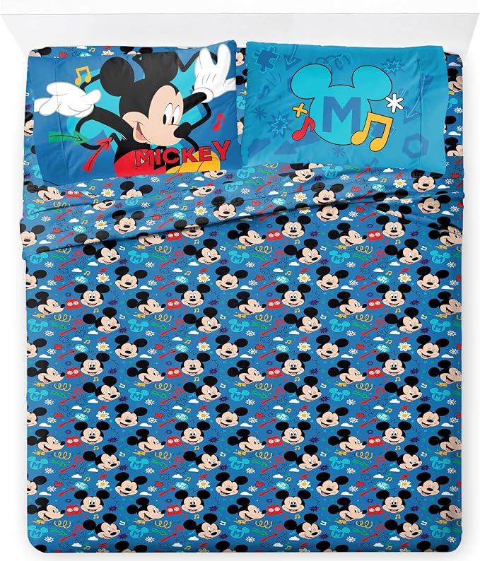 Jay Franco Kids Sheet Set with Fitted, Flat Sheets & Pillow Cover - Ultra-Soft Bedding with Pillowcase for Room Decor, Blue - Mickey Mouse, 4 Piece Full by JayFranco