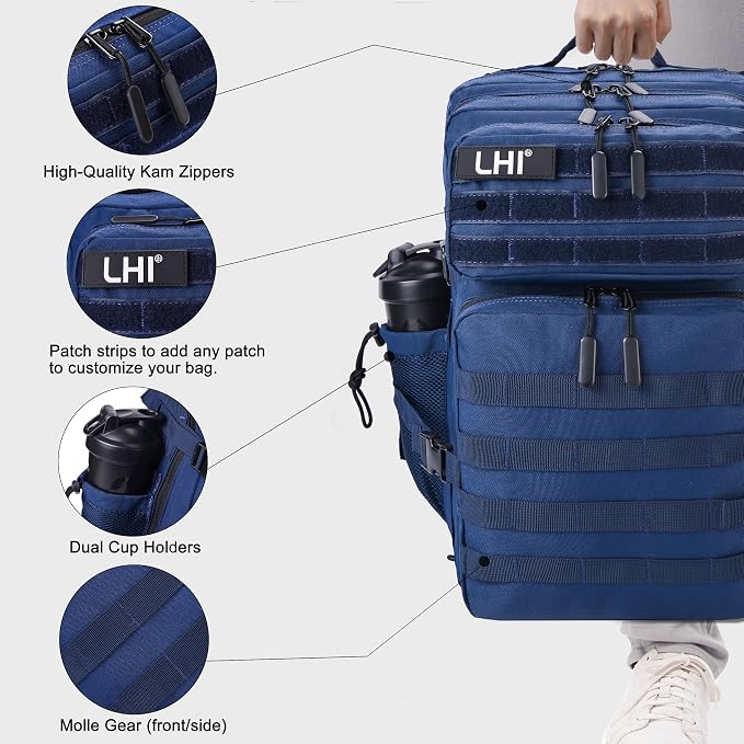 LHI Military Tactical Backpack for Men and Women 45L Army 3 Days Assault Pack Bag Large Rucksack with Shoe Compartment - Black and White - Image 7