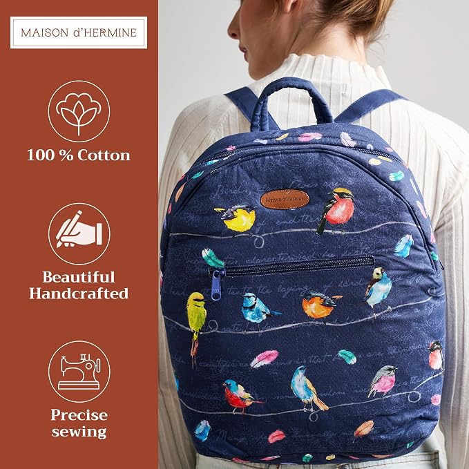 Maison d' Hermine Backpack for Women Men Cotton Shoulder Multipurpose Rucksack with Small Pouch Lightweight Multi Pocket Bag for Travel Work Perfect for Spring Summer (Birdies on Wire - Navy) - Image 2