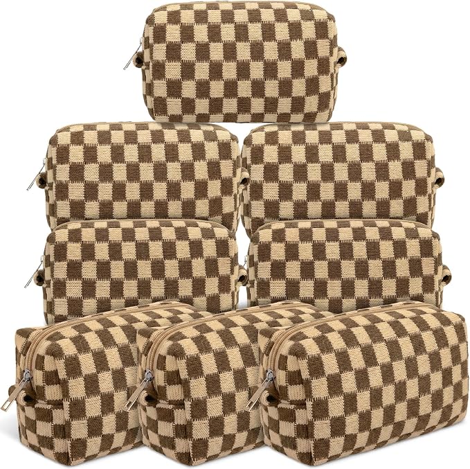 Gilprop 8 Pcs Checkered Makeup Bag for Purse Small Cosmetic Pouch Bulk Portable Zipper Makeup Pouch Travel Toiletry Organizer Gifts for Women Bridesmaid Wedding Party Favors (Brown) by Gilprop