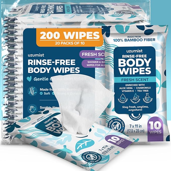Body Wipes for Adults Bathing No Rinse 200pc XL - Ultra Thick Shower Travel Wipes for Personal Cleansing & Hygiene Essentials, Elderly Care, Incontinence Disposable Washcloths for Women Men