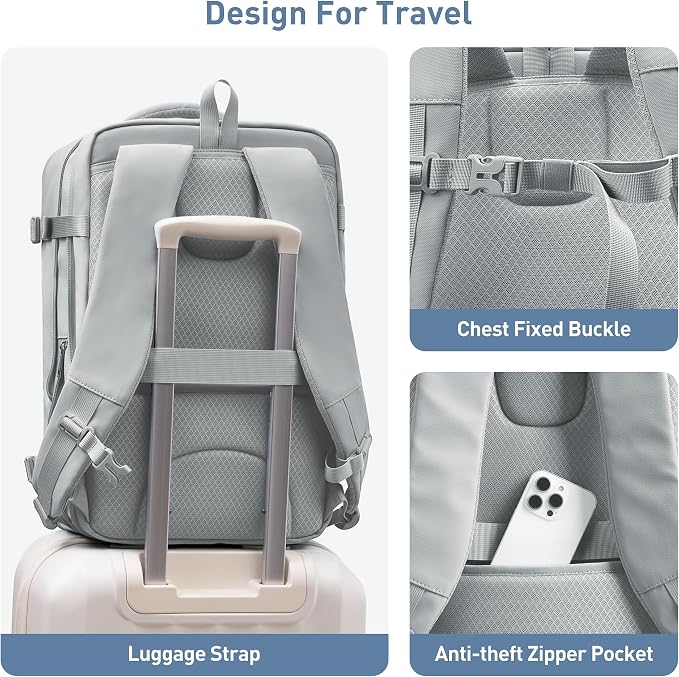 SHOWKOO Laptop Backpack for 17 Inch Laptop, 40L Expandable Large Capacity Backpack, TSA Carry On Travel Backpack with Padded Laptop Compartment, Water-Resistant College & Commuter Bag,Gray - Image 6