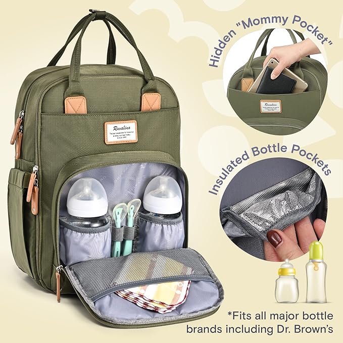 RUVALINO Diaper Bag Backpack-Expandable Baby Bag with up to 50% Capacity -Baby Essentials Bag with Changing Pad Insulated Bottle Holders & Pacifier Case, Waterproof, Army Green XL - Image 4