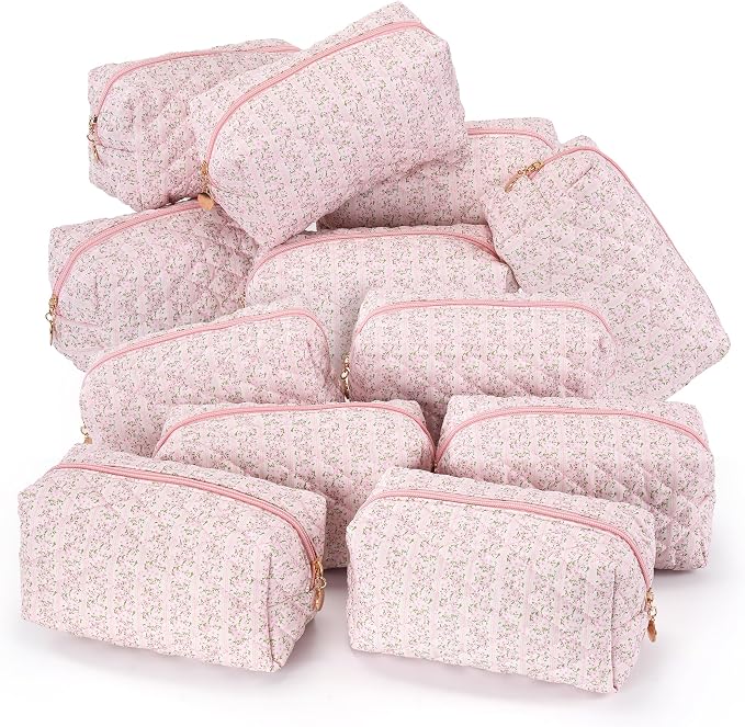 12PCS Makeup Bag Travel Toiletry Bag for Women, Small Cosmetic Bags Aesthetic Organizer Quilted Cotton Makeup Pouch & Purse Emergency Bag Floral Pencil Case Accessory Bag, Pastel Pink by Unknown