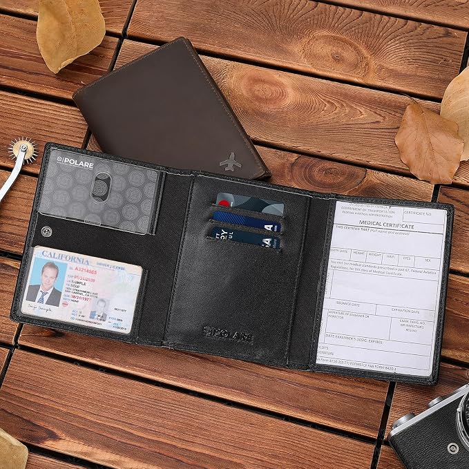 Polare Napa Leather Pilot Wallet Passport Holder RFID Blocking Tri-fold Travel Cover Document Organizer for Aviation Professionals (Black with AirTag Slot) - Image 7