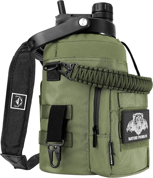 NATURE PIONEOR 128oz/1 Gallon Tactical Water Bottle with MOLLE Bottle Pouch | 18/8 Food-grade Stainless Steel, Double Vacuum Insulation, Wide-Mouth, Straw & Spout Lid, Strap, Camping, Hiking, Gym, Work by NATUREPIONEOR