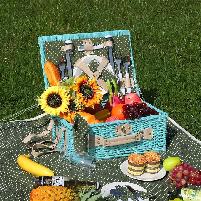 YPshuye Picnic Basket Set for 4 with Waterproof Blanket Mat Insulation Bag Wicker Blue Green Light Hawaiian Tropical Style Gift for Wedding Birthday Summer Camp Outdoor Camping Beach Travel Christmas - Image 3