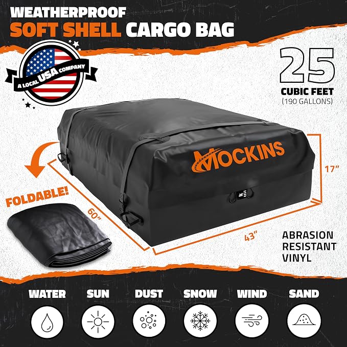 Mockins 25 CuFt Waterproof Rooftop Cargo Carrier Bag | 60"x43"x17" All-Weather 500D Soft-Shell Vinyl Car Top Carrier Without Roof Rack | Vehicle Soft-Shell Carriers with Roof Mat, Lock, Hooks & Straps - Image 3