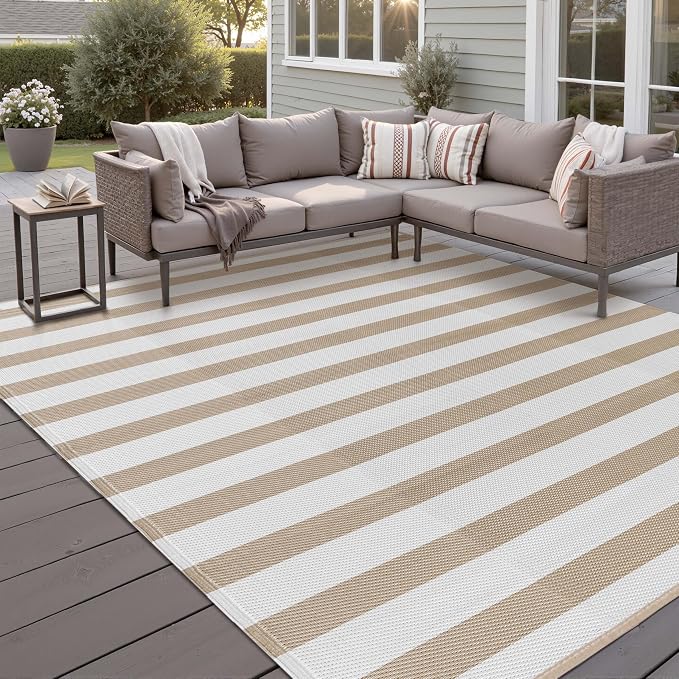 PureCozy Outdoor Waterproof Patio Rug 10x14 Plastic Straw Reversible Lightweight Outside Beige Striped Large Carpet Outdoor for Camping RV Porch Deck Balcony Beach - Image 5