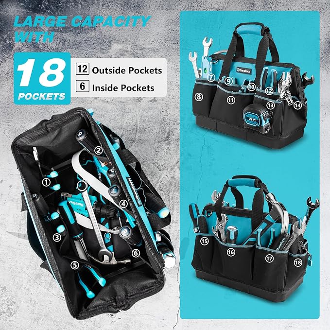 DURATECH 16" Heavy Duty Tool Bag with Hard Bottom and 18 Pockets | Waterproof Tool Bag, Hard Bottom Base, Wide Open Mouth, Multiple Pocket Storage, Professional Tool Organization - Image 5