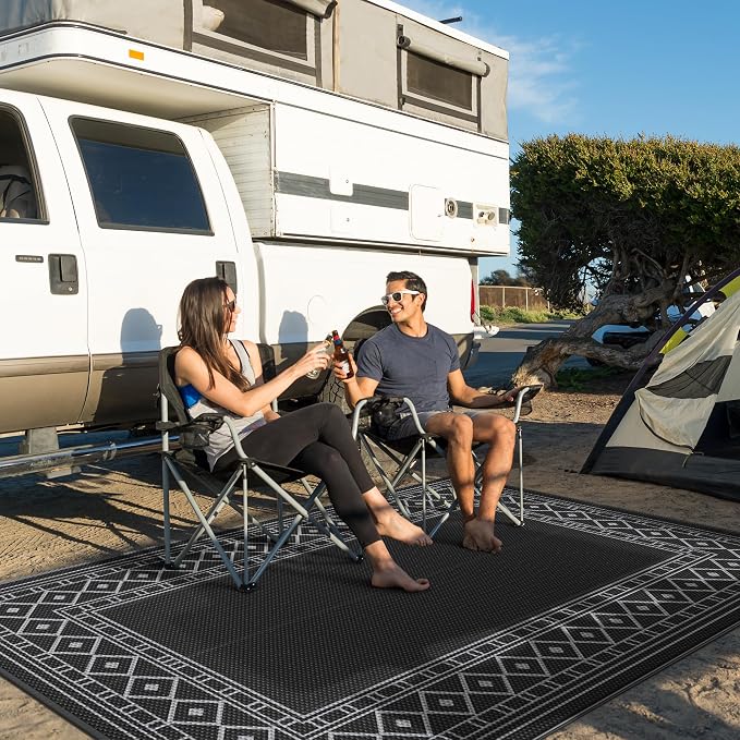 GENIMO Outdoor Rug, Waterproof Plastic Rugs for Patio, 5'x8' Black Grey | Outside Larger Modern Carpet Mat for Porch Decor, Deck, Balcony, Camping, RV, Backyard, Picnic, Beach, Reversible - Image 3