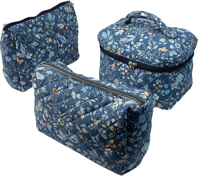 Whispering Flowers Quilted Cotton Cosmetic Zipper Pouch, Large Capacity Makeup Accessories Storage Bag for Women Girls, Aesthetic Coquette Travel Toiletry Organizer (Set of 3) by Sparkle+Being