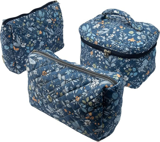 Whispering Flowers Quilted Cotton Cosmetic Zipper Pouch, Large Capacity Makeup Accessories Storage Bag for Women Girls, Aesthetic Coquette Travel Toiletry Organizer (Set of 3) by Sparkle+Being
