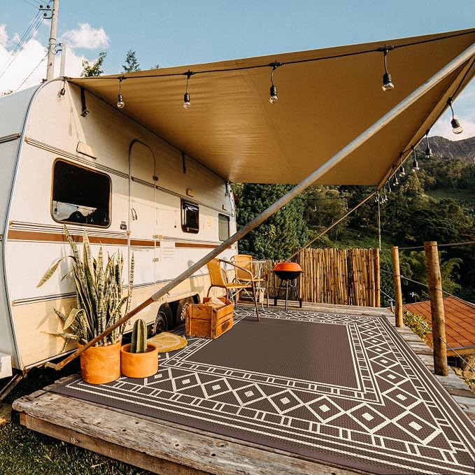 GENIMO Outdoor Rug, Waterproof Plastic Rugs for Patio, 10'x10' Coffee Beige | Outside Larger Modern Carpet Mat for Porch Decor, Deck, Balcony, Camping, RV, Backyard, Picnic, Beach, Reversible - Image 3