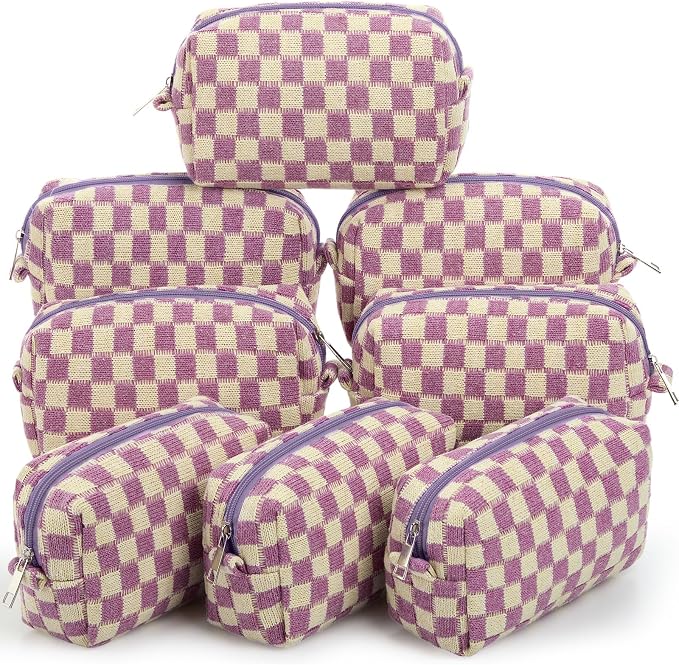 Gilprop 8 Pcs Checkered Makeup Bag for Purse Small Cosmetic Pouch Bulk Portable Zipper Makeup Pouch Travel Toiletry Organizer Gifts for Women Bridesmaid Wedding Party Favors (Purple) by Gilprop