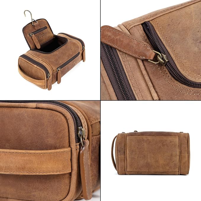 ELIZO Real Leather Toiletry Bag for Men - Small Hanging Travel Organizer for Toiletries, Ideal for Dopp Kit & Shaving Kit for Men, Essential Mens Travel Toiletry Bag for Toiletries (Saddle) - Image 7