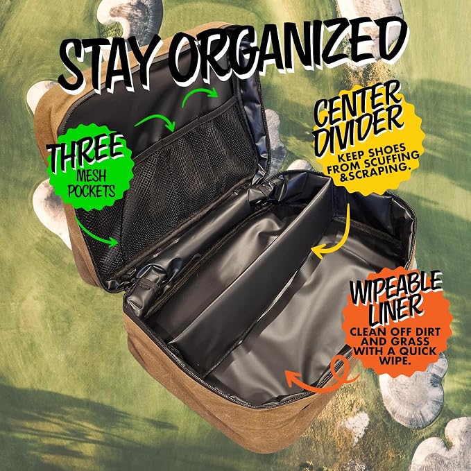 Wild Horses Golf Shoe Bag - Premium 12oz Waxed Canvas w Ventilation - Free Mini Towel & Shoe Horn - Easy Clean Wipe Down Interior - Waterproof Travel Storage - Men & Women up to Size 14 - Khaki - Image 3