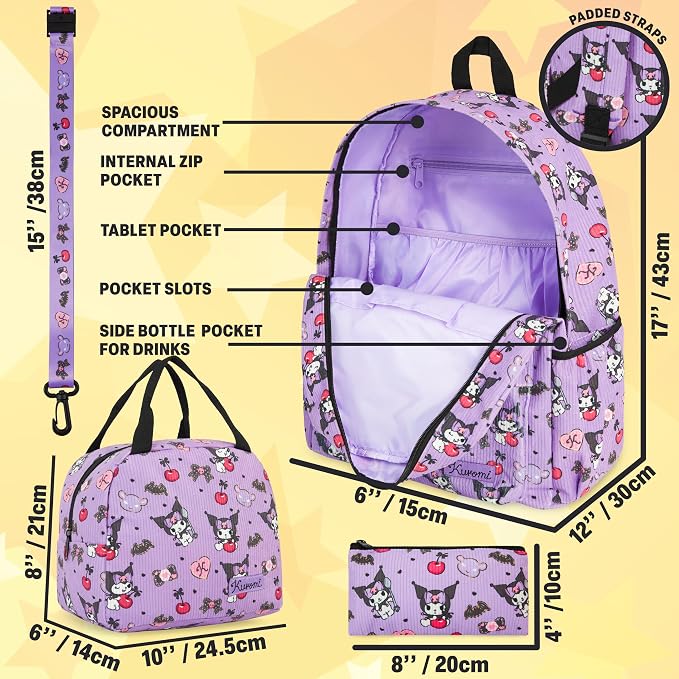 Get Trend Kuromi Girls Corduroy Backpack 4 Piece Set | 17 inch Bookbag with Laptop Pocket, Insulated Lunch Bag, Zipped Pencil Case & Lanyard, Back to School Kawaii Gifts for Girls - Image 3