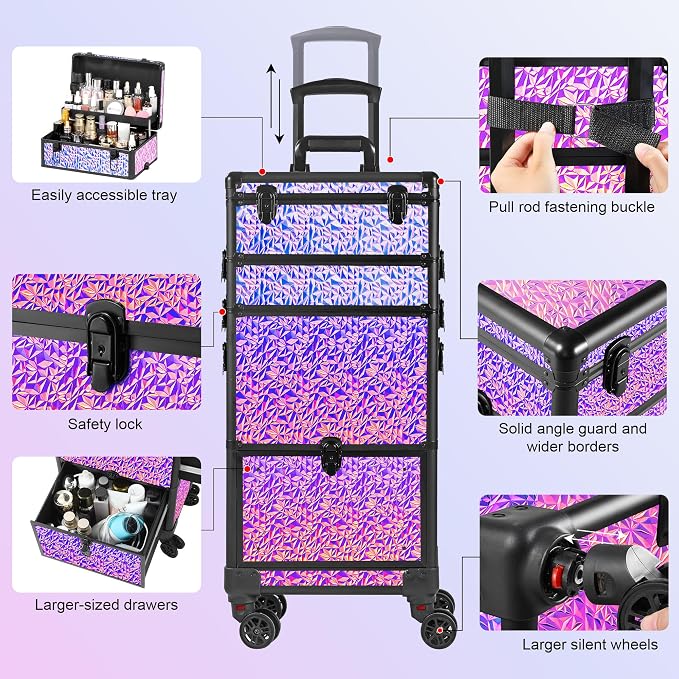Rolling Makeup Case with Large Drawer, Makeup Train Case with Tray, Cosmetology Case on Wheels, Travel Makeup Case Organizers, Professional for Salon Barber, Nail, Tattoo, Multicolor Purple - Image 5