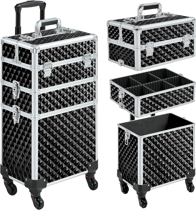 Yaheetech Rolling Makeup Train Case 3 in 1 Cosmetic Case Large Capacity Organizer with Swivel Wheels Key Cosmetic Trolley for Nail Tech Makeup - Black by Yaheetech