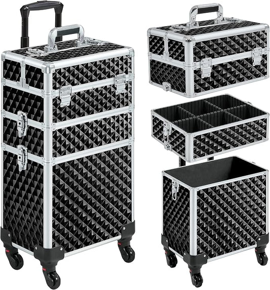 Yaheetech Rolling Makeup Train Case 3 in 1 Cosmetic Case Large Capacity Organizer with Swivel Wheels Key Cosmetic Trolley for Nail Tech Makeup - Black by Yaheetech