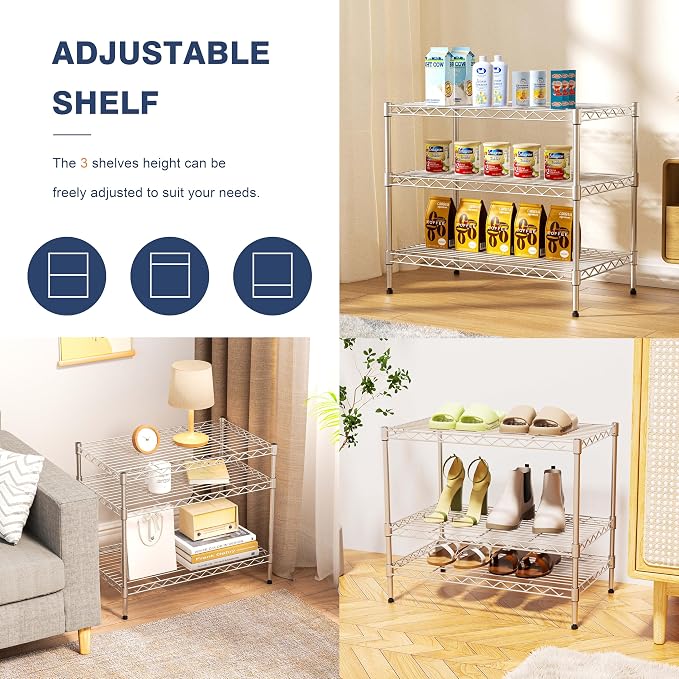 750lbs 3-Tier Wire Shelf Rack,24" Dx14 Wx22 H,Kitchen Metal 3-Shelves Rack with Lockable Wheels,Height Adjustable Wire Shelving Unit and Storage for Living Room,Laundry,Office,Pantry,Studio - Image 5
