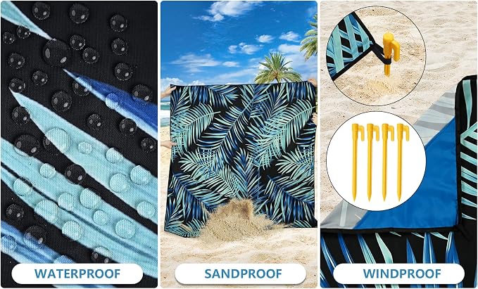 HIHOHO Beach Blanket Waterproof Sandproof Beach Mat 79”x 83” for 1-8 Adults Quick Drying Durable Outdoor Picnic Mat for Beach Festival Travel Camping Hiking (BK&GN-Palm, 79"×83"(4 Person)) - Image 4
