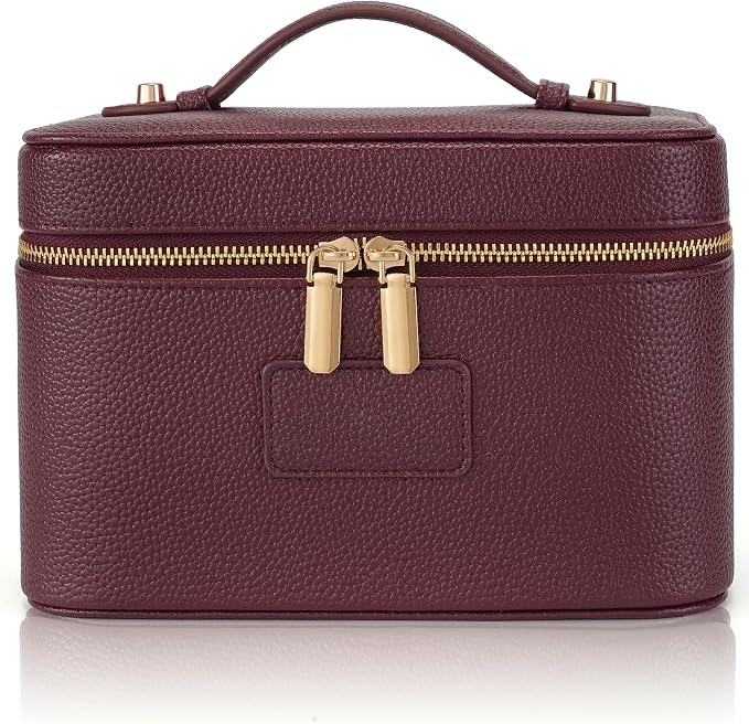 Makeup Bag Travel Toiletry Leather Cosmetic Case, Waterproof Makeup Organizer with Brush Holder, Wipe Clean Removable Divider Vanity Train Bag for Women, Burgundy by Unknown