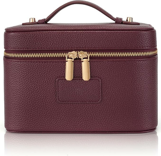 Makeup Bag Travel Toiletry Leather Cosmetic Case, Waterproof Makeup Organizer with Brush Holder, Wipe Clean Removable Divider Vanity Train Bag for Women, Burgundy by Unknown