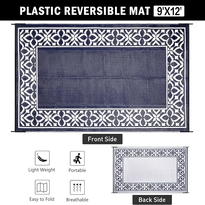 PureCozy Outdoor Plastic Straw Rug Navy Blue Large Outside Waterproof Outdoor Patio 9x12 Carpet Geometric Reversible Mat Modern for Camping RV Porch Deck Balcony Beach - Image 6