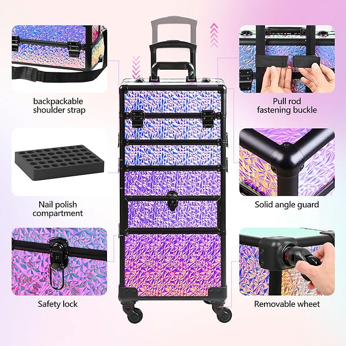 Makeup Train Case with Drawer, Rolling Makeup Case, Cosmetology Case on Wheels, Gift, Large Makeup Case Organizers, Professional for Salon Barber, Nail, Tattoo, Black Colourful - Image 5