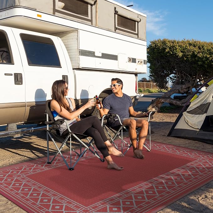GENIMO Outdoor Rug, Waterproof Plastic Rugs for Patio, 6'x9' Red Grey | Outside Larger Modern Carpet Mat for Porch Decor, Deck, Balcony, Camping, RV, Backyard, Picnic, Beach, Reversible - Image 3