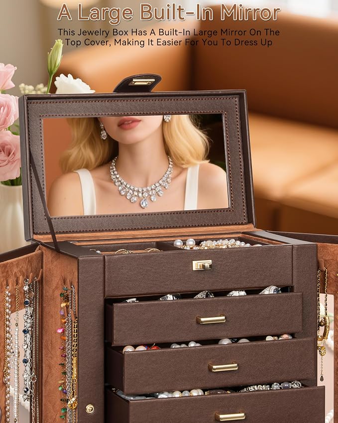 AKOZLIN 6-Tier Jewelry Box Organizer Functional 5 Drawers Leather Jewelry Storage Case for Women Girls Ring Necklace Earring Bracelet Holder Organizer with Mirror XL Brown 360° Rotating - Image 5