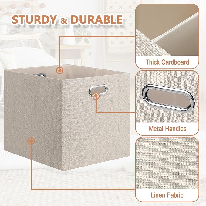 Posprica 13x15x13in Collapsible Storage Bins, Fabric Foldable Cube Storage Boxes, Decorative Storage Baskets Organizer for IKEA Kallax, Shelves, Closet, Clothes, Set of 4-Beige - Image 6