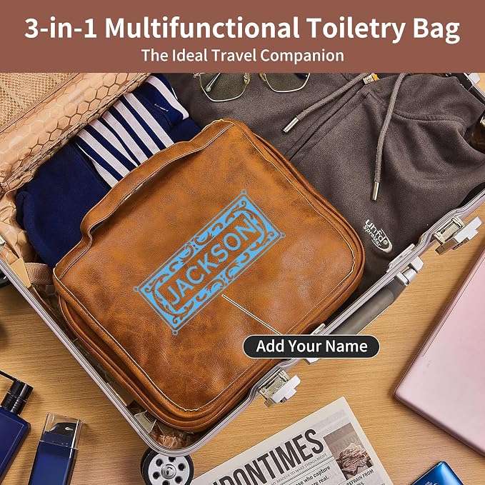 Personalized Toiletry Bag For Men, Large Capacity Travel Doop Kit, Vintage Color PU Leather, Custom Name Initials, Gifts for Dad, Husband, Boyfriend, Groomsmen, Birthday (Style 6) - Image 2