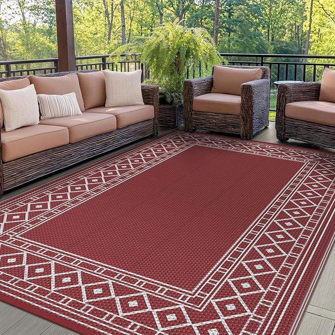 GENIMO Outdoor Rug, Waterproof Plastic Rugs for Patio, 6'x9' Red White | Outside Larger Modern Carpet Mat for Porch Decor, Deck, Balcony, Camping, RV, Backyard, Picnic, Beach, Reversible by GENIMO