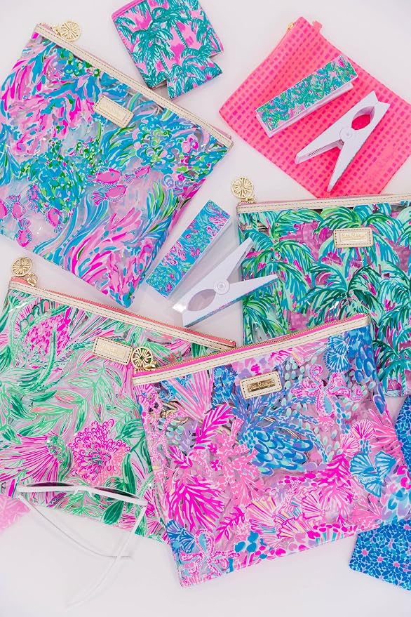Lilly Pulitzer Water Resistant Vinyl Beach Day Pouch, Zipper Bag Includes Drink Hugger, Small Pouch, and Towel Clips - Image 5