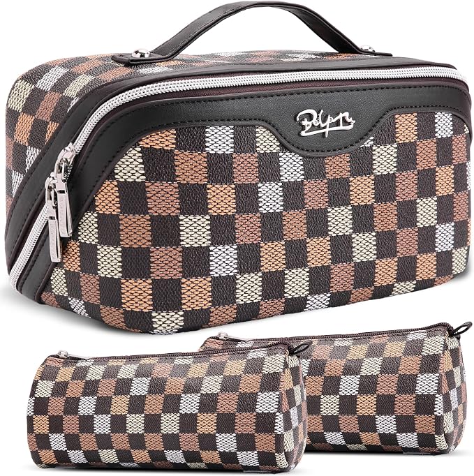 BOYATU Travel Makeup Bag Organizer Cosmetic Bag: 3 Pcs Set Make up Bags for Women with Handle - Waterproof Vegan Leather Toiletry Bag (01-H-Coffee) by BOYATU