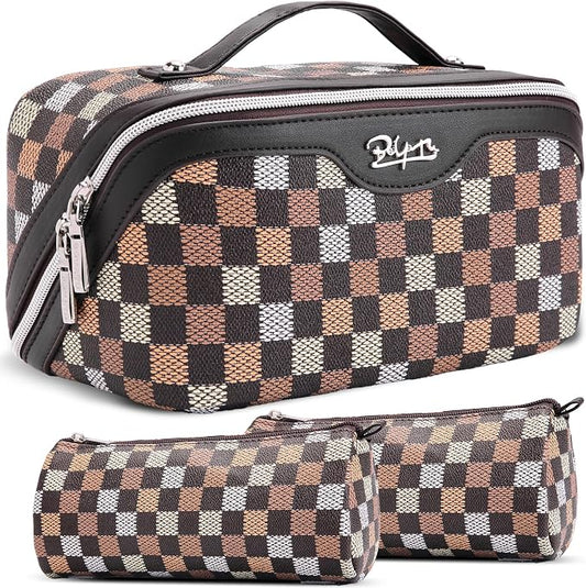 BOYATU Travel Makeup Bag Organizer Cosmetic Bag: 3 Pcs Set Make up Bags for Women with Handle - Waterproof Vegan Leather Toiletry Bag (01-H-Coffee) by BOYATU