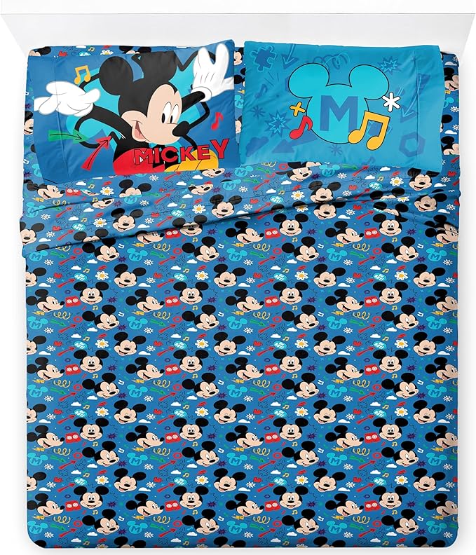 Jay Franco Kids Sheet Set with Fitted, Flat Sheets & Pillow Cover - Ultra-Soft Bedding with Pillowcase for Room Decor, Blue - Mickey Mouse, 4 Piece Queen by JayFranco