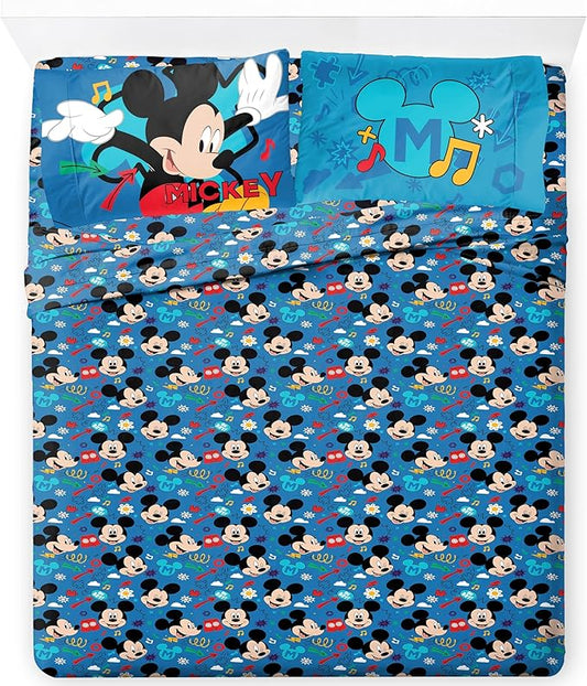 Jay Franco Kids Sheet Set with Fitted, Flat Sheets & Pillow Cover - Ultra-Soft Bedding with Pillowcase for Room Decor, Blue - Mickey Mouse, 4 Piece Queen by JayFranco
