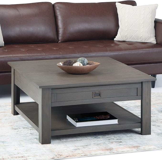 SIMPLIHOME Monroe Square Coffee Table - 38 inch Wide Solid Acacia Wood Living Room Table in Farmhouse Grey, Rustic Cocktail Table for Family Room or Lounge with 2 Drawers and Open Shelf