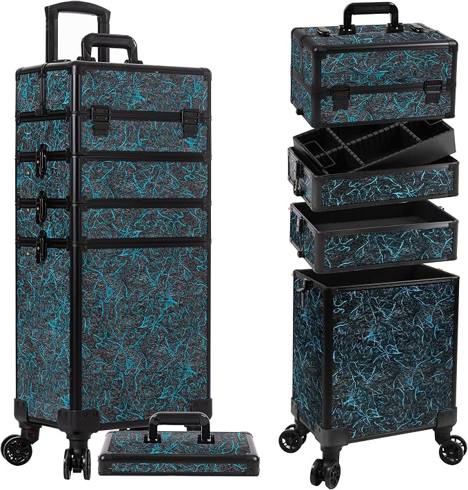 Rolling Makeup Train Case with Lid Cosmetology Case on Wheels | 5 in 1 Large Cosmetic Trolley Organizer Travel for Hairstylist Artist Nail Beauty Salon Barber Cart Trunk, Blue by Unknown